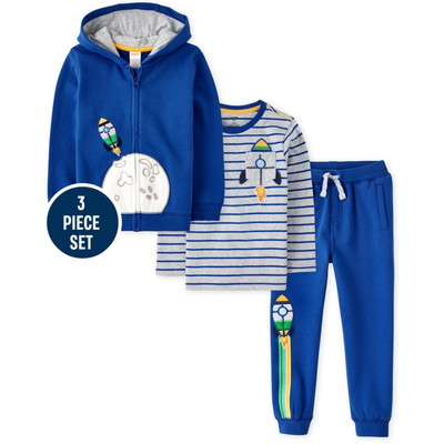 Gymboree / ジンボリー Embroidered Moon Zip Up フード, Rocket Striped Pocket トップ And Rocket Ship Jogger パンツ セット